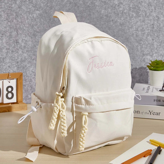 Personalised embroidered kids backpack with name on front – pink nylon school bag, ideal back-to-school gift for girls