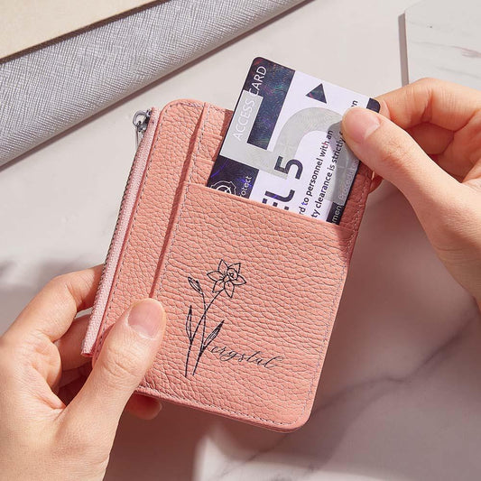 Personalised birth flower PU leather wallet with engraved name on front — compact 8 card slots gift for her