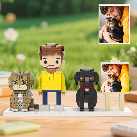 Personalised full‑body brick figure of one person with cat in display frame — custom anniversary and birthday gift, handcrafted eco‑friendly ABS