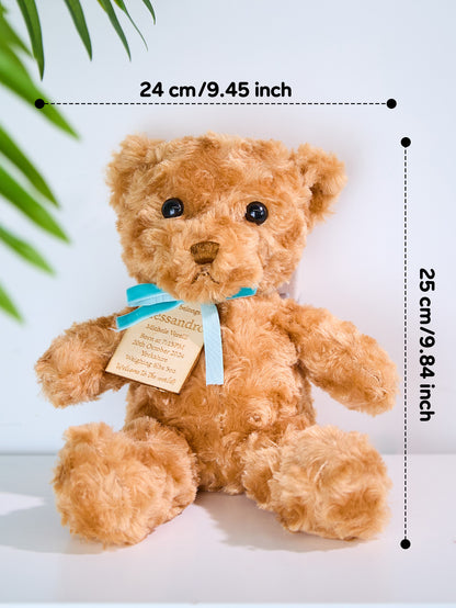 Personalised bear gift presentation with ribbon — ideal customised newborn keepsake for new parents and grandparents