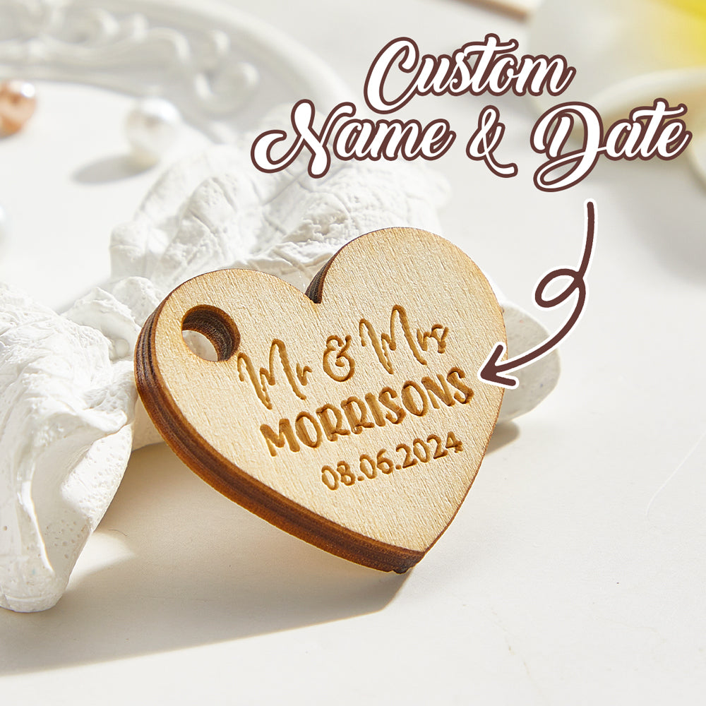 Personalised Wooden Heart Gift Tags - Engraved Wedding Favours for Guests