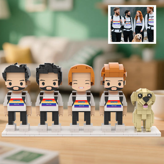 Personalised full-body LEGO-style brick figures of four people and a dog — custom anniversary or birthday gift