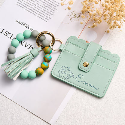 Open view showing organised card slots, ID pocket and cash section inside personalised PU leather birth flower wallet