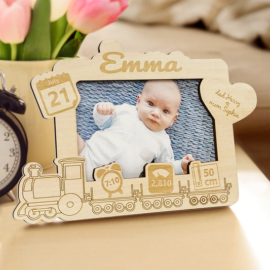 Personalised wooden baby photo frame with baby photo name and engraved birth details newborn keepsake for nursery