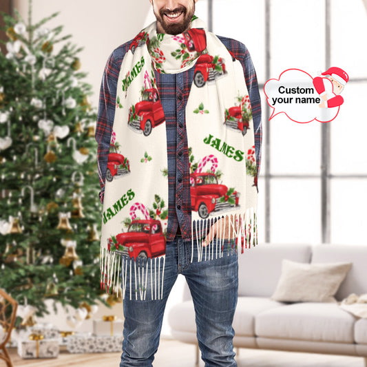 Personalised Christmas scarf in faux cashmere with fringe tassels and custom name — cosy personalised winter scarf