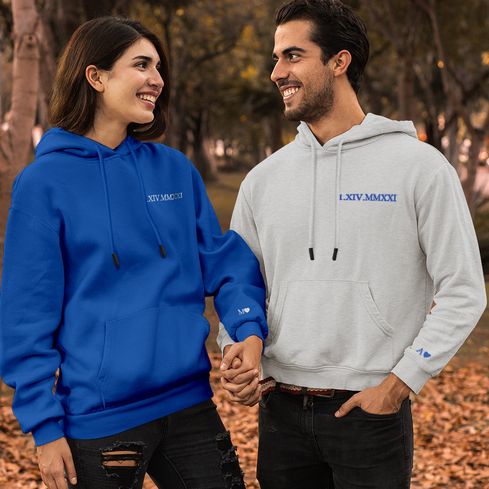 Detail of cuff and stitching on personalised hoodie — durable cotton with customised Roman numeral embroidery