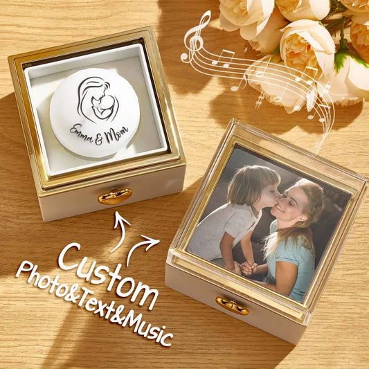 Custom Music Box Candle Flip Box showing cake-shaped candle surface with personalised text and keepsake music box — personalised photo gift with MP3 playback