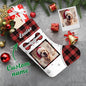 Three velvet personalised pet photo stockings side by side to show available colour options, printed names and hanging loops