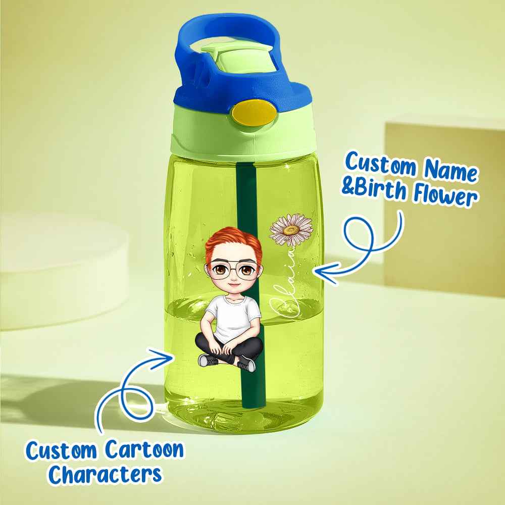 Personalized Cartoon Birth Flower Water Bottle with Straw 16oz Water Bottle Gift for Kids