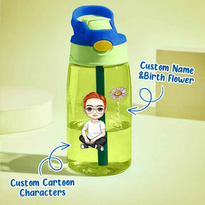 Personalized Cartoon Birth Flower Water Bottle with Straw 16oz Water Bottle Gift for Kids