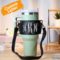 Model demonstrating adjustable strap fit of personalised monogram water bottle carrier for 40oz Stanley tumbler — crossbody and shoulder options
