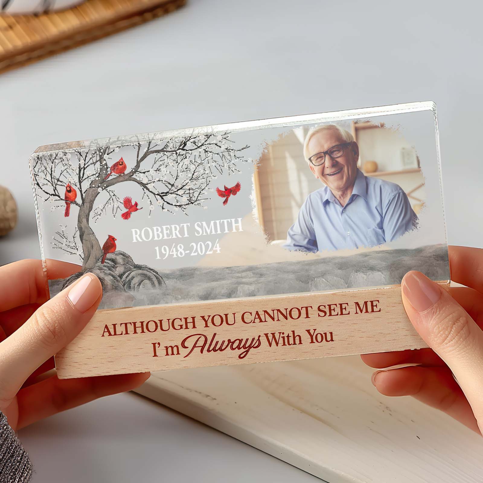 Angled view of the personalised memorial night light, a compact 15x7 cm lamp displaying a cherished photo.