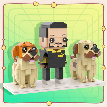 Custom Full-Body Brick Figure of one person with two dogs on white background — personalised anniversary and birthday gift, eco-friendly ABS