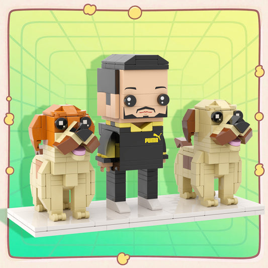 Custom Full-Body Brick Figure of one person with two dogs on white background — personalised anniversary and birthday gift, eco-friendly ABS