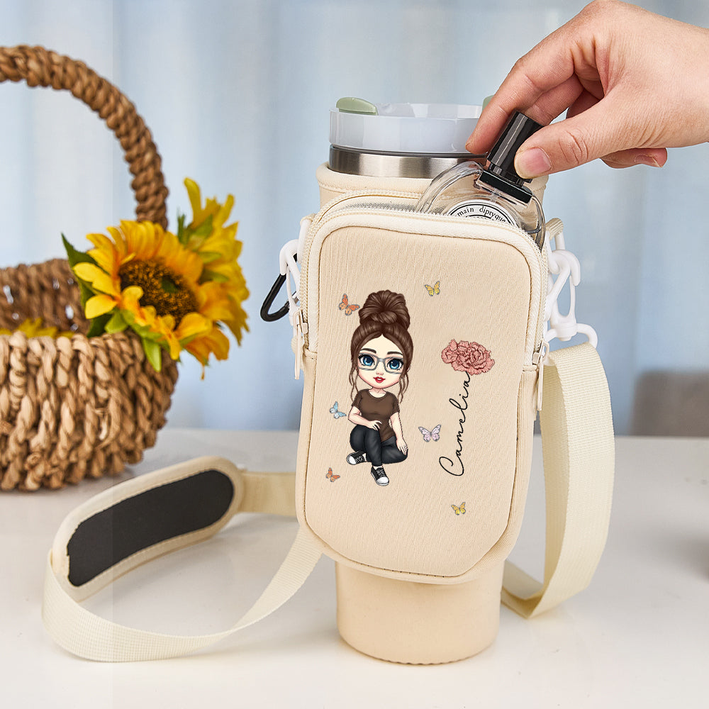 Detachable accessory pouch on personalised birth flower 40oz Stanley Cup carrier – waterproof organiser for cards and keys
