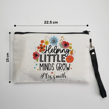 Personalised canvas pouch with name shown beside pens and make-up brushes – versatile everyday clutch