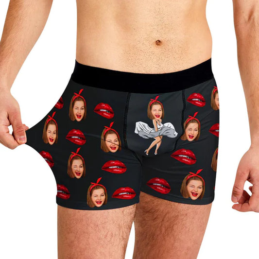 Personalised men's boxer shorts with custom lips and face photo print — novelty custom boxer briefs gift for him, ideal for Valentine's or anniversaries