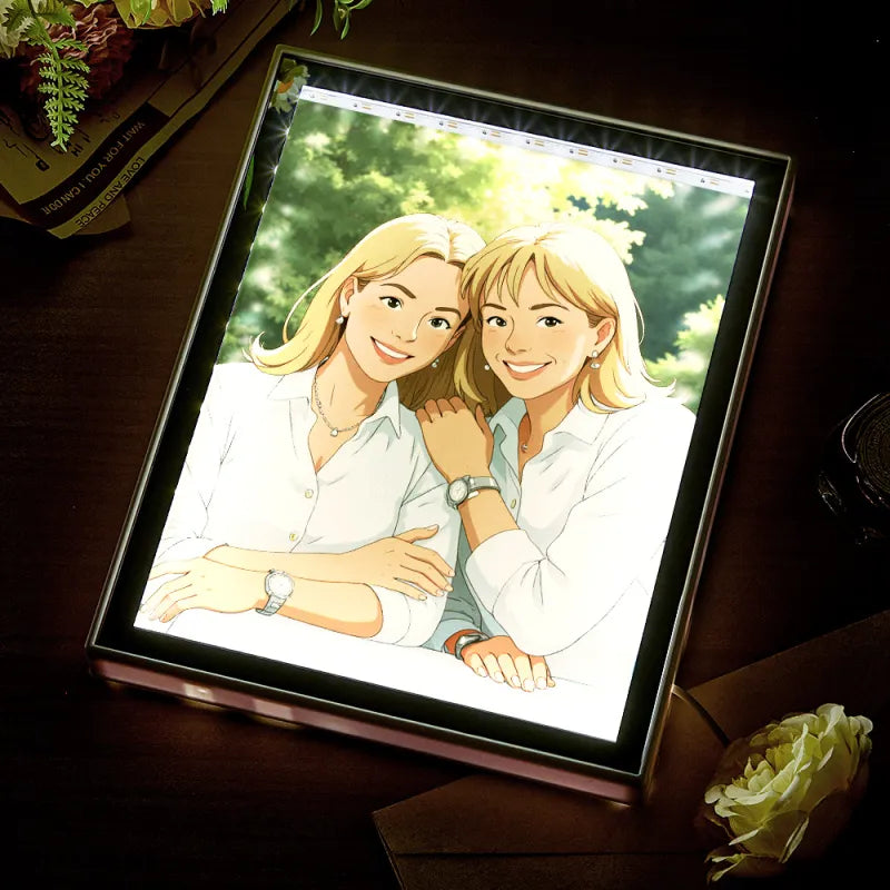 Product displayed on a mantelpiece with romantic lighting, illustrating the cosy ambience from a photo gift night light.