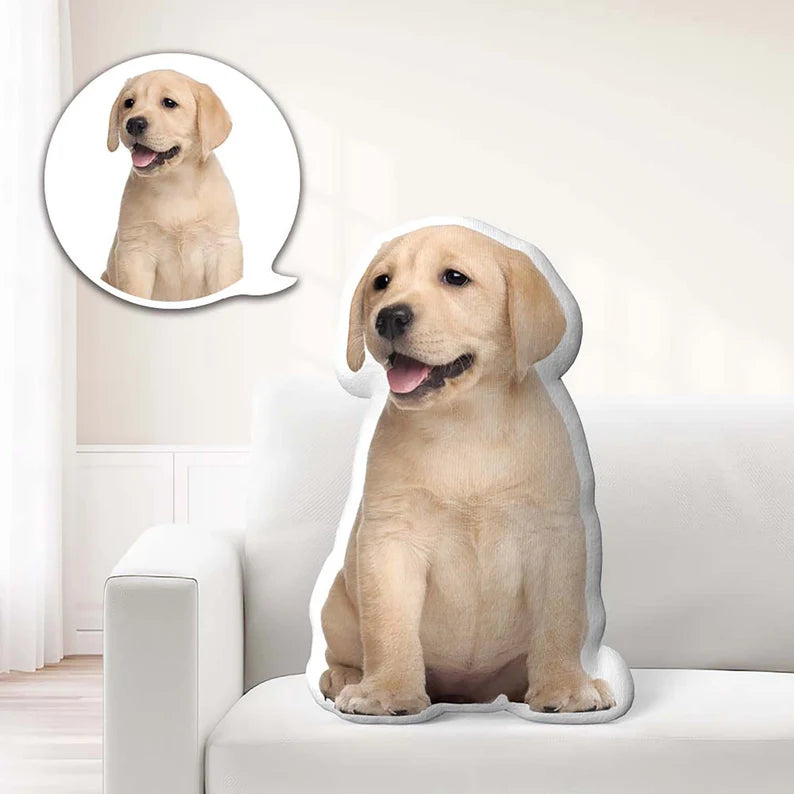 Close-up of personalised pet photo pillow print quality — high-resolution double-sided print on polyester, machine washable keepsake