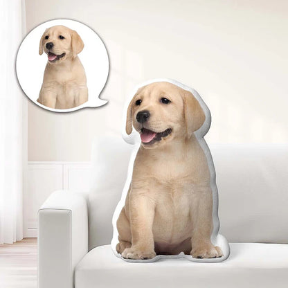 Close-up of personalised pet photo pillow print quality — high-resolution double-sided print on polyester, machine washable keepsake