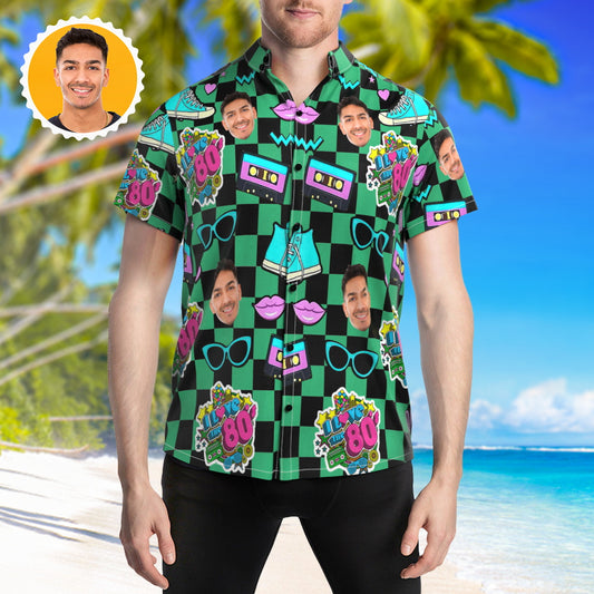 Custom Face Retro Hawaiian Shirt front view — personalised 80s music Aloha shirt with bold face print, lapel collar and vivid heat-transfer colours