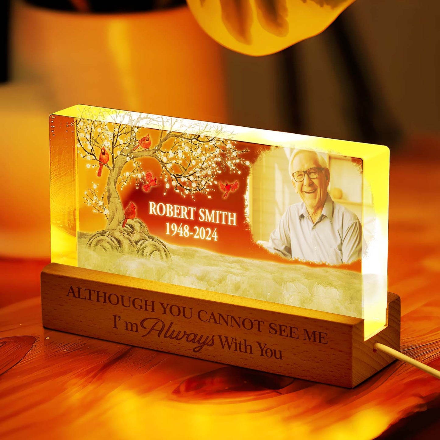 Close-up of the personalised memorial night light showing the high-quality acrylic and a clear, custom photo.