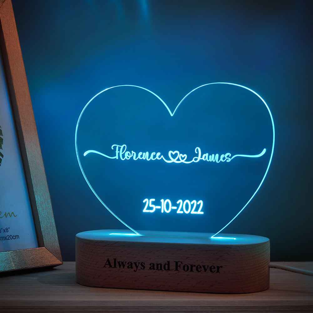 Heart Shaped Acrylic Plaque Personalized Name and Date Night Light