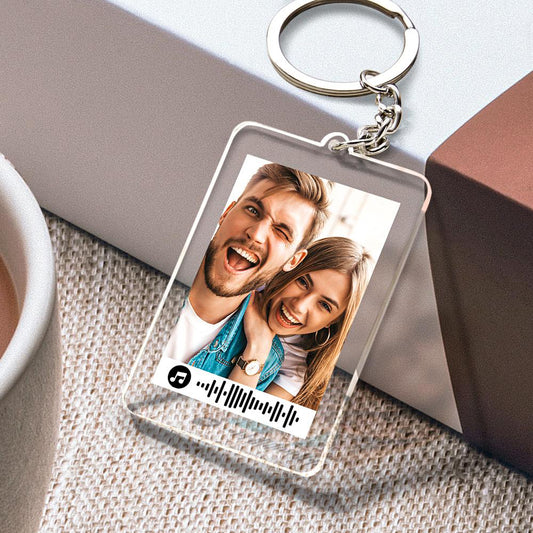 Personalised scannable music keychain – clear engraved acrylic keyring with scannable code and metal ring, custom memorial song keyring for UK & AU