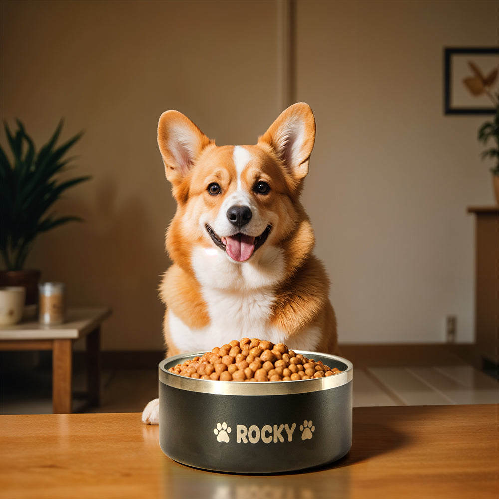 Angled view of personalised 32oz stainless steel dog bowl showing engraved name and smooth interior – everyday pet feeding bowl