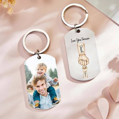 Personalised keyring attached to car keys to show everyday use – durable stainless steel photo keyring, ideal for new-car celebrations and Father's Day