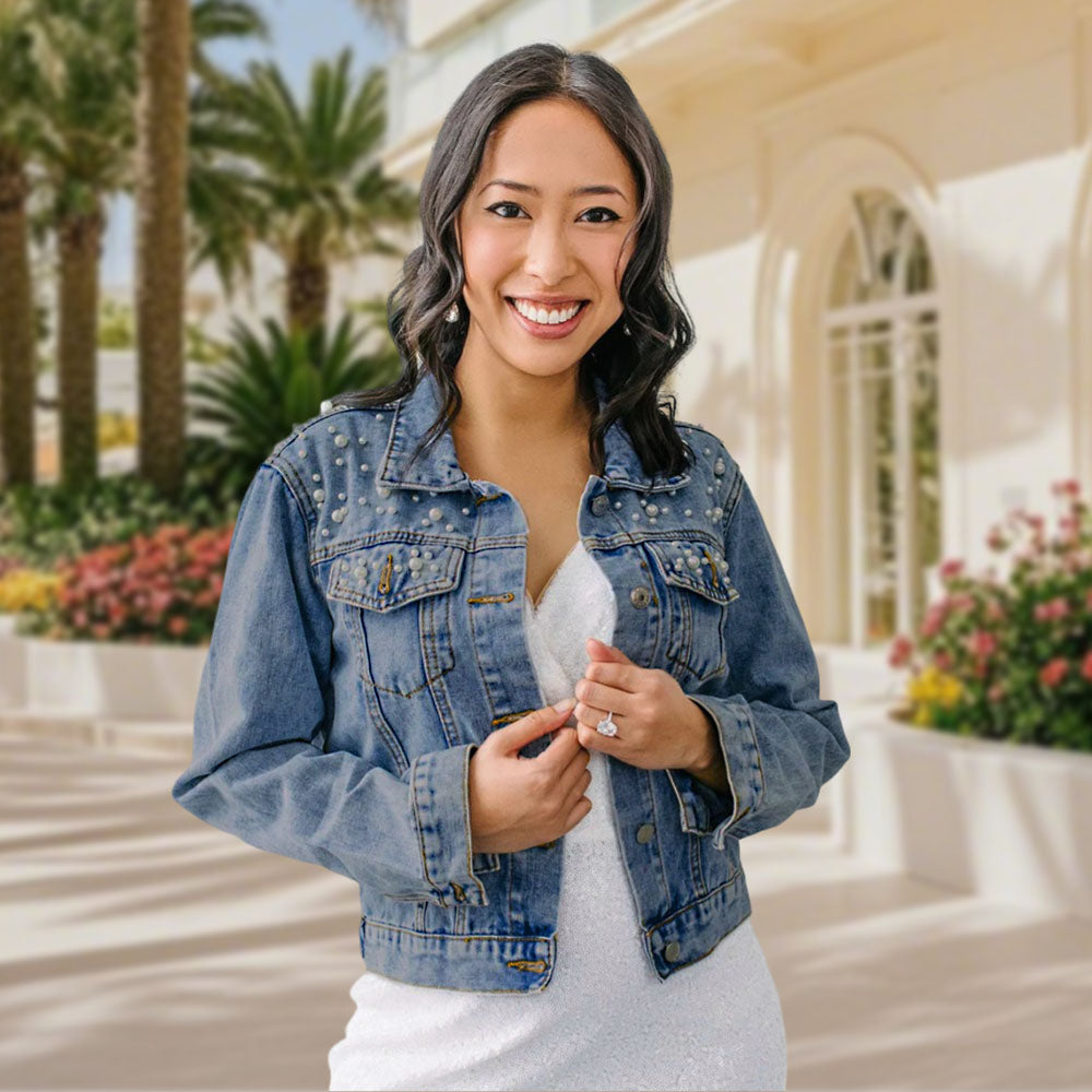 Model wearing personalised pearl photo denim jacket, back view highlighting custom photo and chic pearl embellishments — ideal gift for mum or wife