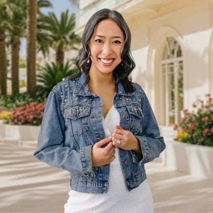 Model wearing personalised pearl photo denim jacket, back view highlighting custom photo and chic pearl embellishments — ideal gift for mum or wife