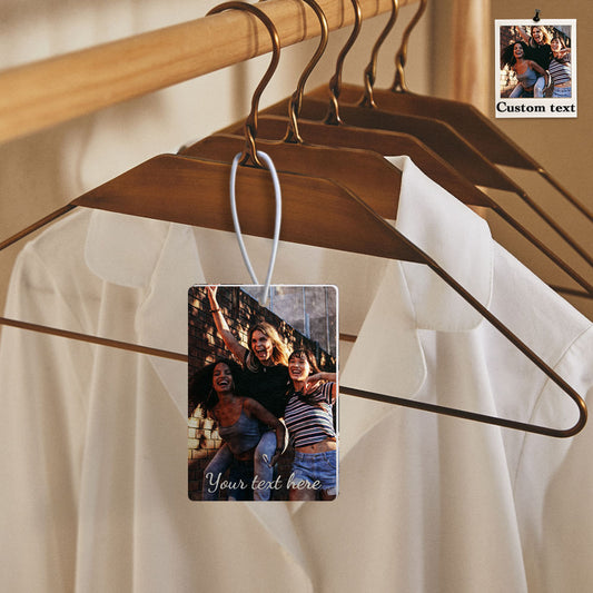 Close-up of the personalised photo car air freshener showing vivid heat-printed image on soft felt.