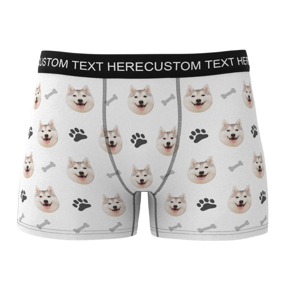 Grey personalised men's boxer briefs featuring a vivid custom dog face print – personalised underwear, colour option