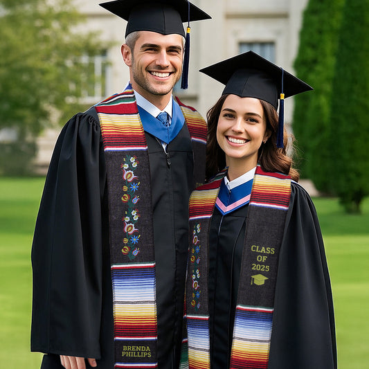 Personalised Mexican graduation stole for Class of 2025 in vibrant Mexican colours and traditional motif, polyester graduation sash for ceremonies and photos