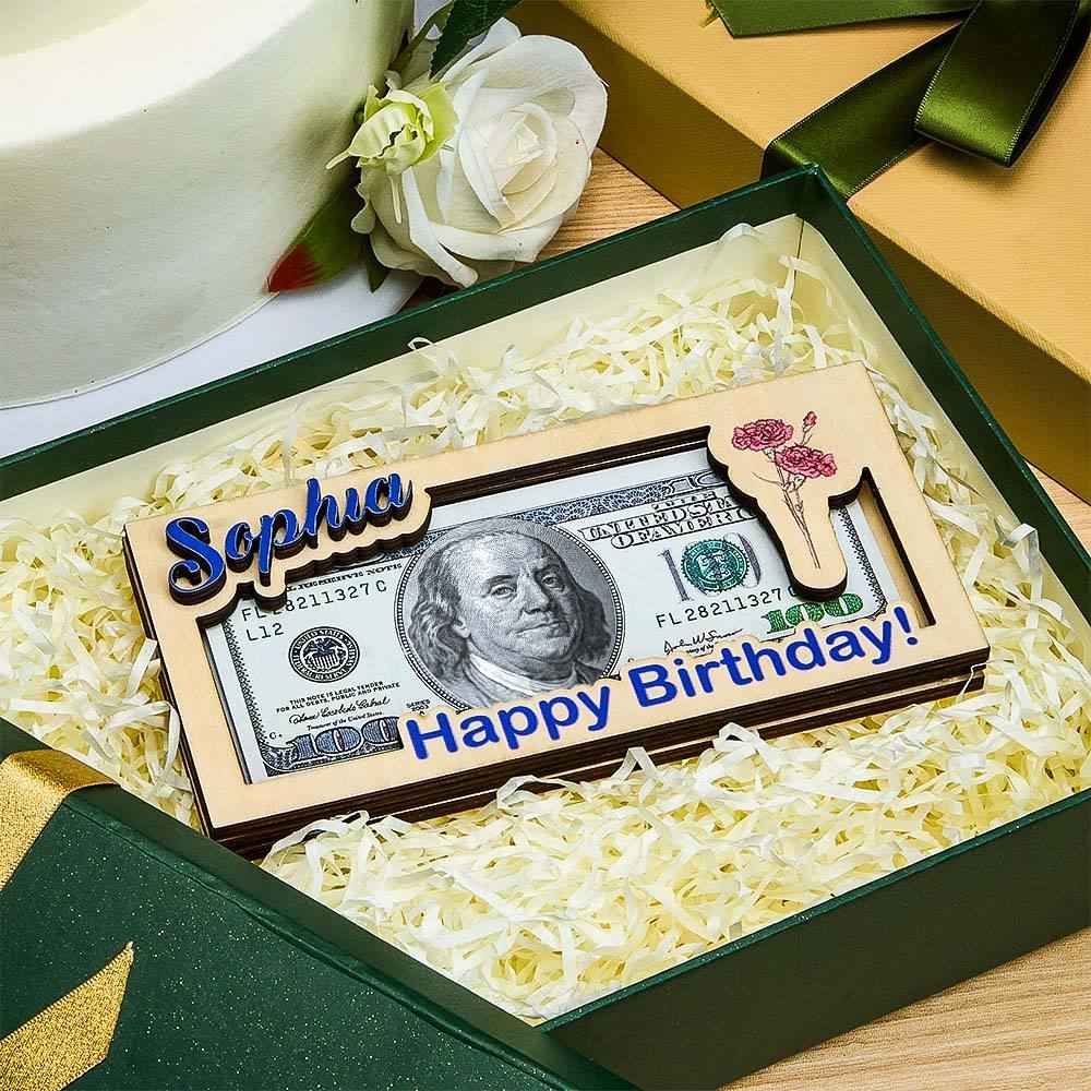 Custom Name & Text Birth Flower Wooden Money Box - Personalized Storage
