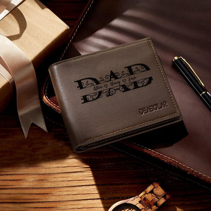 Open PU leather men's wallet showing multiple card slots and cash compartment — compact personalised name wallet
