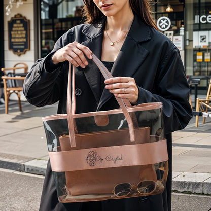 Personalised birth flower clear tote filled with everyday essentials, demonstrating storage capacity and double-compartment practicality