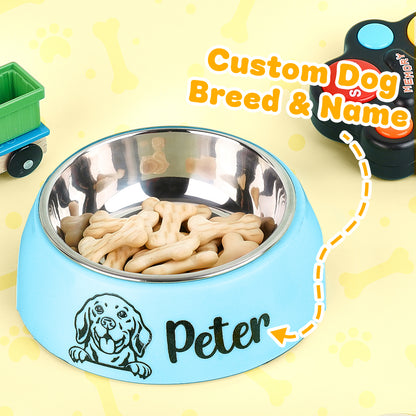 Close-up of engraved personalised dog bowl showing custom name and brushed stainless finish