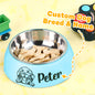 Close-up of engraved personalised dog bowl showing custom name and brushed stainless finish