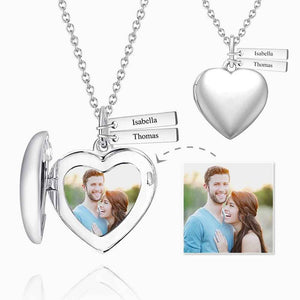 Custom Heart Photo Locket Necklace with Two Engraved Bars