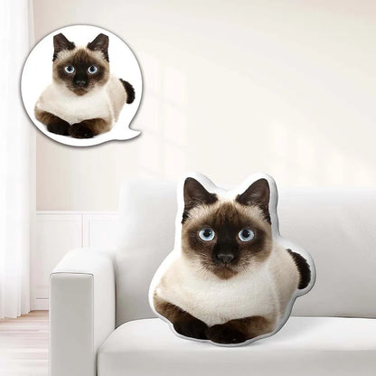 Personalised Pet Photo Pillow styled on chair — custom cat-shaped cushion example, perfect personalised gift for pet lovers
