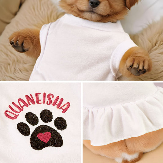 Personalised Dog & Cat Dress — front view of cotton pet dress with embroidered pet name, lightweight breathable fabric