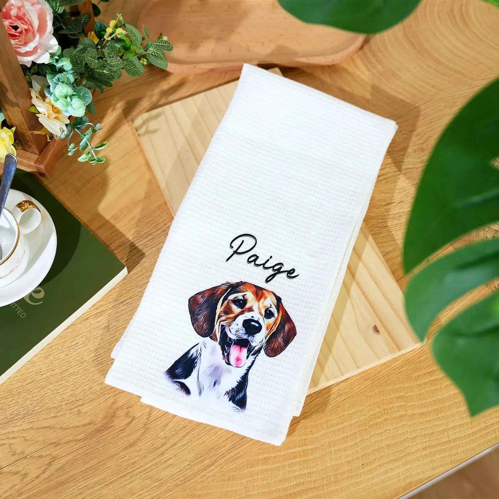 Personalized Oil Painting Style Pet Portrait Photo Cotton Waffle Tea Towel Birthday Anniversary Gift for Pet lover
