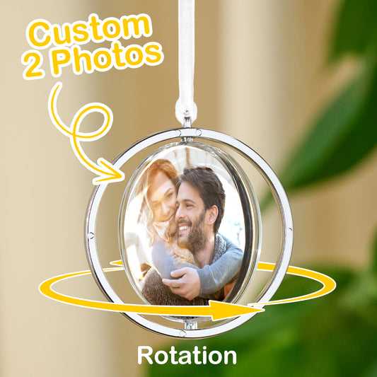 Front view of a personalised photo rotation ornament car mirror pendant displaying multiple photos with a hanging loop.
