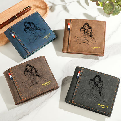 Personalised photo PU leather men's foldable wallet with custom text on the front — compact birthday and wedding gift for him