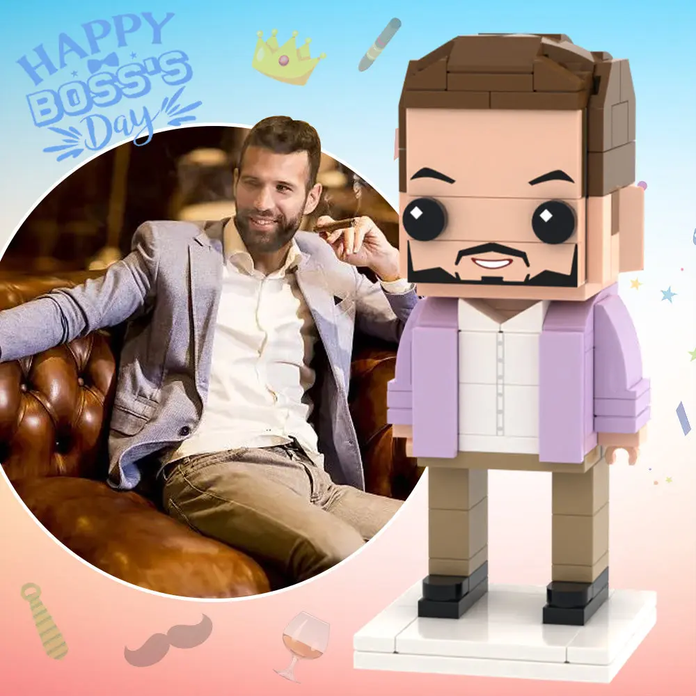 Boss's Day personalised full-body brick figure — front view of a custom 1-person small-particle block toy with tailored hairstyle and printed clothing, eco-friendly ABS keepsake for managers
