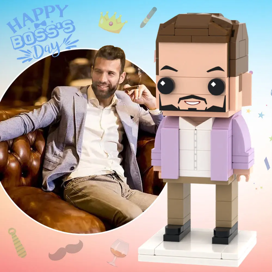 Boss's Day personalised full-body brick figure — front view of a custom 1-person small-particle block toy with tailored hairstyle and printed clothing, eco-friendly ABS keepsake for managers