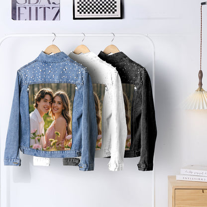 Close-up of hand-applied pearls and high-resolution photo print on personalised denim jacket showing premium stitching and texture