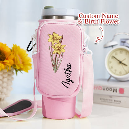 Personalised Birth Flower Waterproof Bottle Bag for 40oz Stanley Tumbler with Removable Pouch - Unique Gift for Women